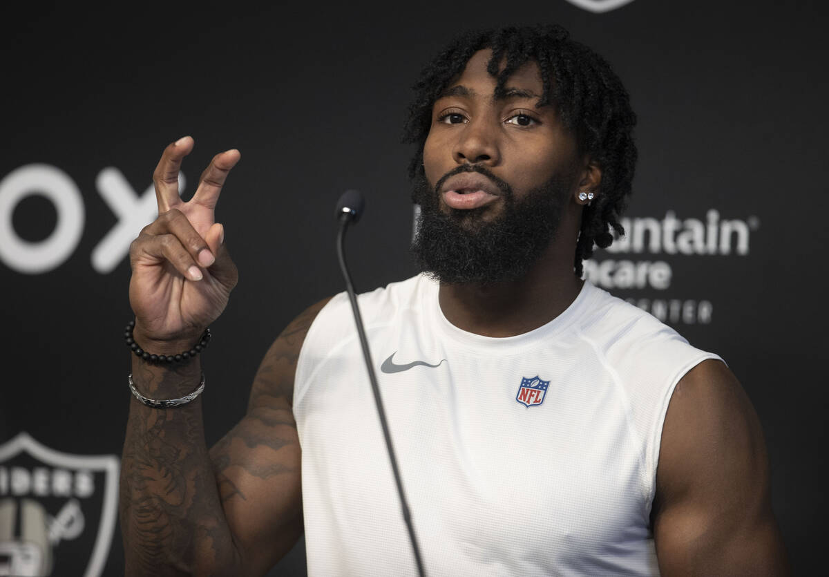 Raiders cornerback Nate Hobbs addresses the media during a news conference on Thursday, June 2, ...