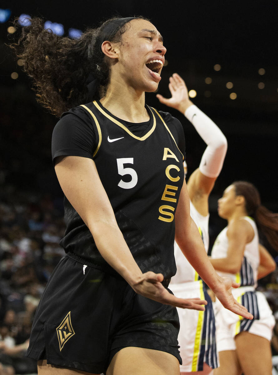 Aces forward Dearica Hamby (5) argues a call in the second half during a WNBA basketball game a ...