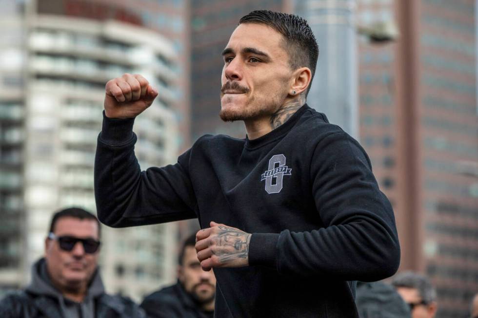 Australian boxer George Kambosos gestures during a public training session at Federation Square ...