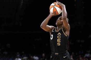 Las Vegas Aces guard Jackie Young (0) shoots against the Minnesota Lynx during the second half ...