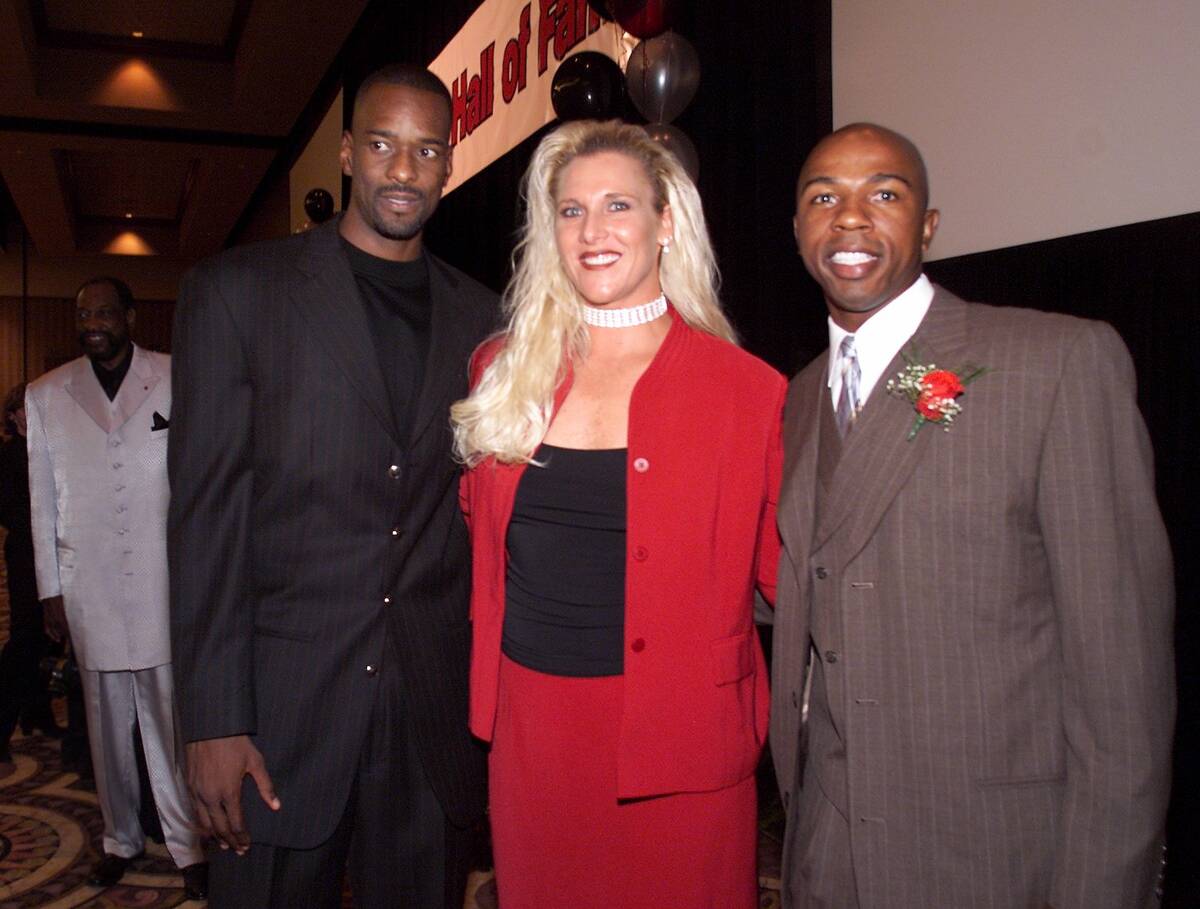 UNLV Athletic Hall of Fame Inductees, from left, small forward Stacey Augmon (1987-91), pitcher ...