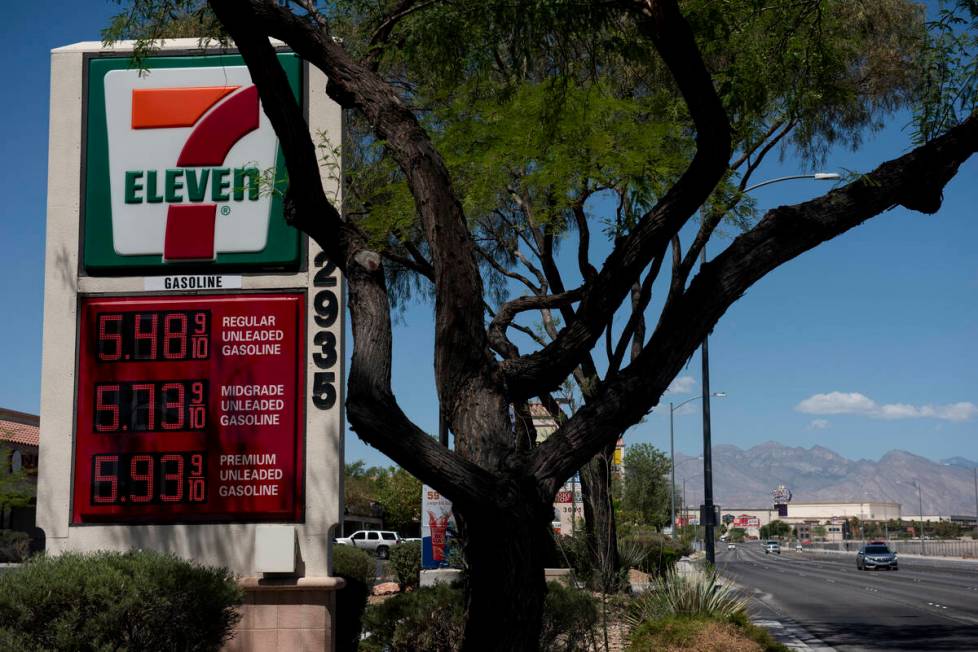 A 7-Eleven station on West Lake Mead Blvd. shows a gas price of $5.48, on Monday, June 6, 2022, ...