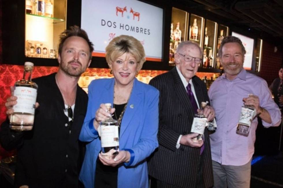 From left, Aaron Paul, Las Vegas Mayor Carolyn Goodman, Oscar Goodman and Bryan Cranston enjoy ...