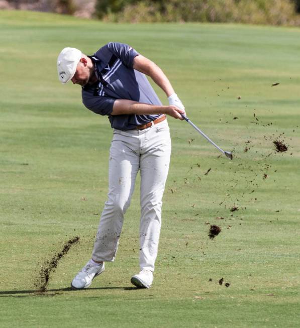 Harry Hall of England hits from the fairway on the 18th hole during the second round of the Shr ...