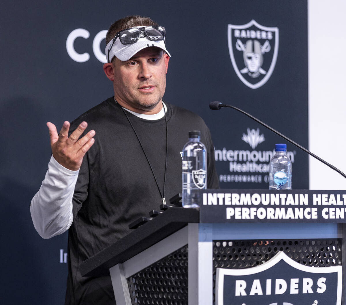 Raiders head coach Josh McDaniels talks during minicamp practice at the Raiders headquarters wi ...