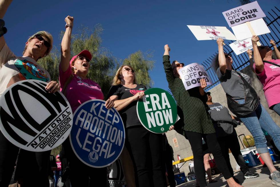 In this May 3, 2022, file photo, attendees of a rally in support of abortion rights chant “my ...