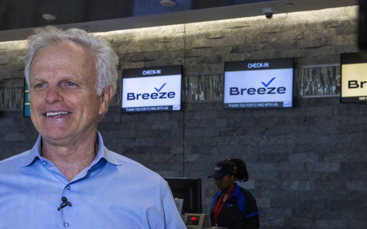 Breeze Airways CEO David Needleman speaks near their ticketing area for their inaugural flight ...