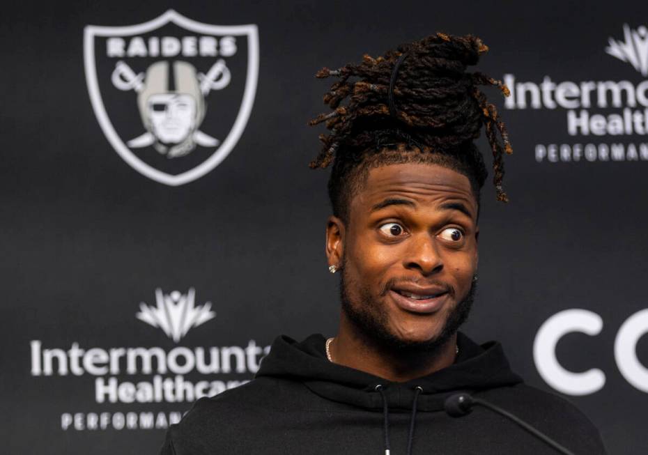 Raiders wide receiver Davante Adams speaks during a press conference at Raiders Headquarters an ...