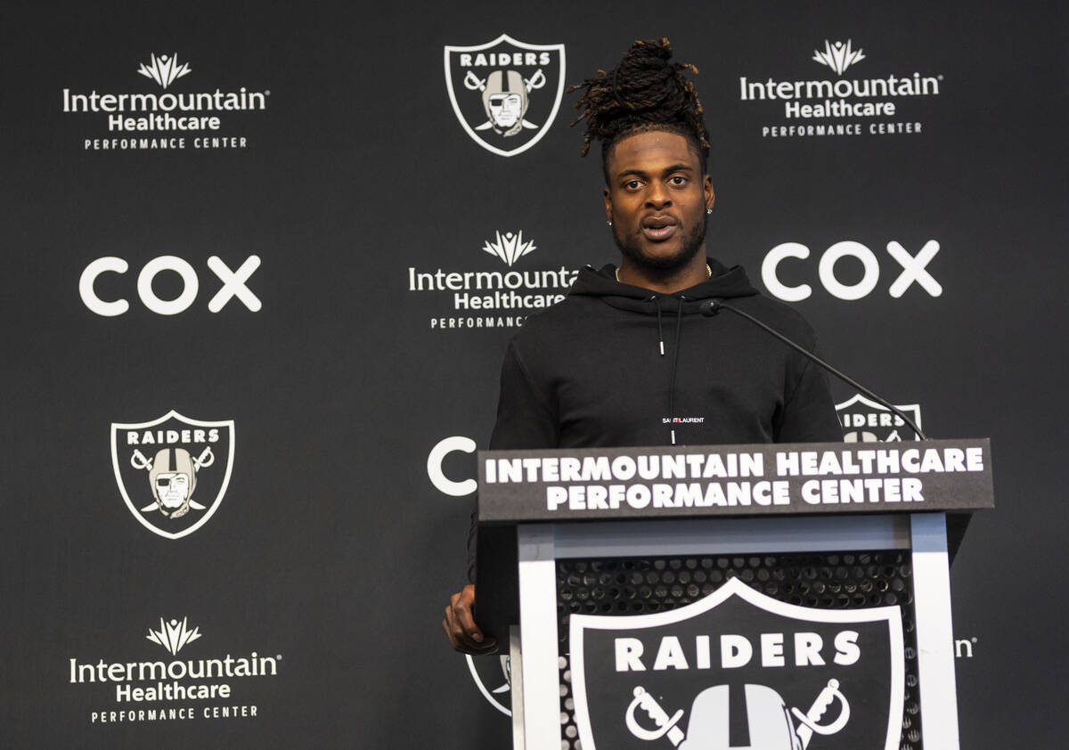 Raiders wide receiver Davante Adams speaks during a press conference at Raiders Headquarters an ...