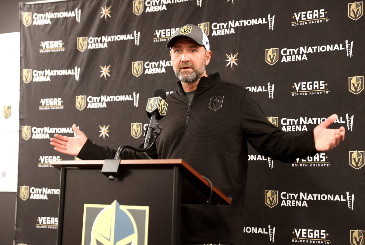 Vegas Golden Knights coach Pete DeBoer talks about the 2021-22 season during a news conference ...