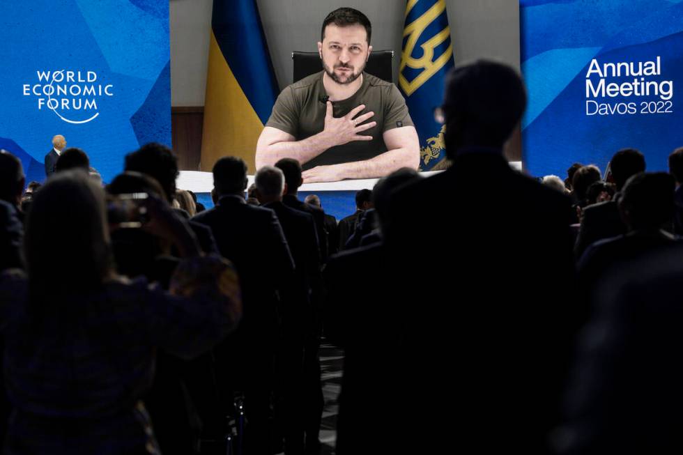 FILE - Ukrainian President Volodymyr Zelenskyy addresses by videolink the opening plenary sessi ...