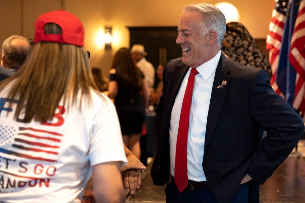 Republican candidate for Nevada governor Joe Lombardo mingles with guests during an election pa ...