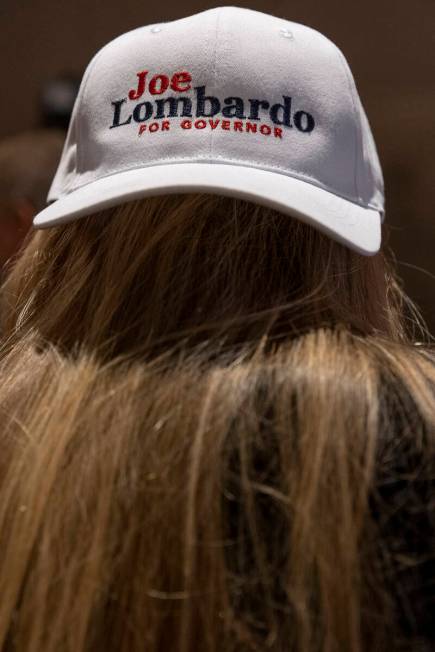 A woman wears a hat for Republican candidate for Nevada governor Joe Lombardo during an electio ...
