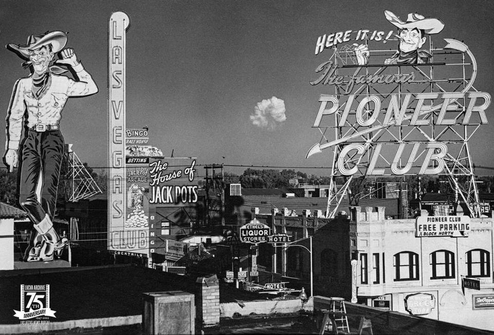 The atomic mushroom cloud from The Priscilla Test, part of Operation Plumbbob, raised over Frem ...