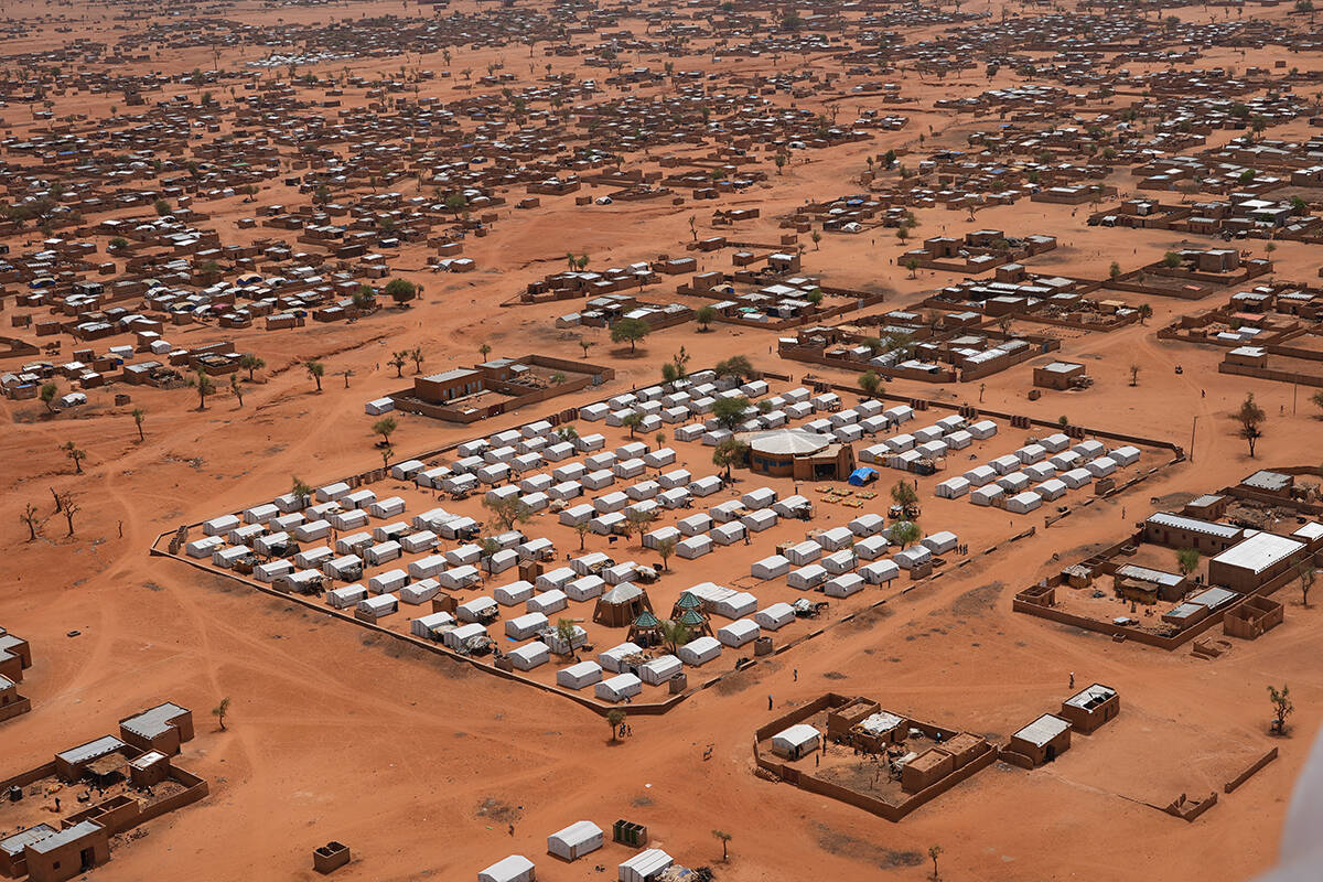 An aerial view shows a camp of internally displaced people in Djibo, Burkina Faso, Thursday May ...