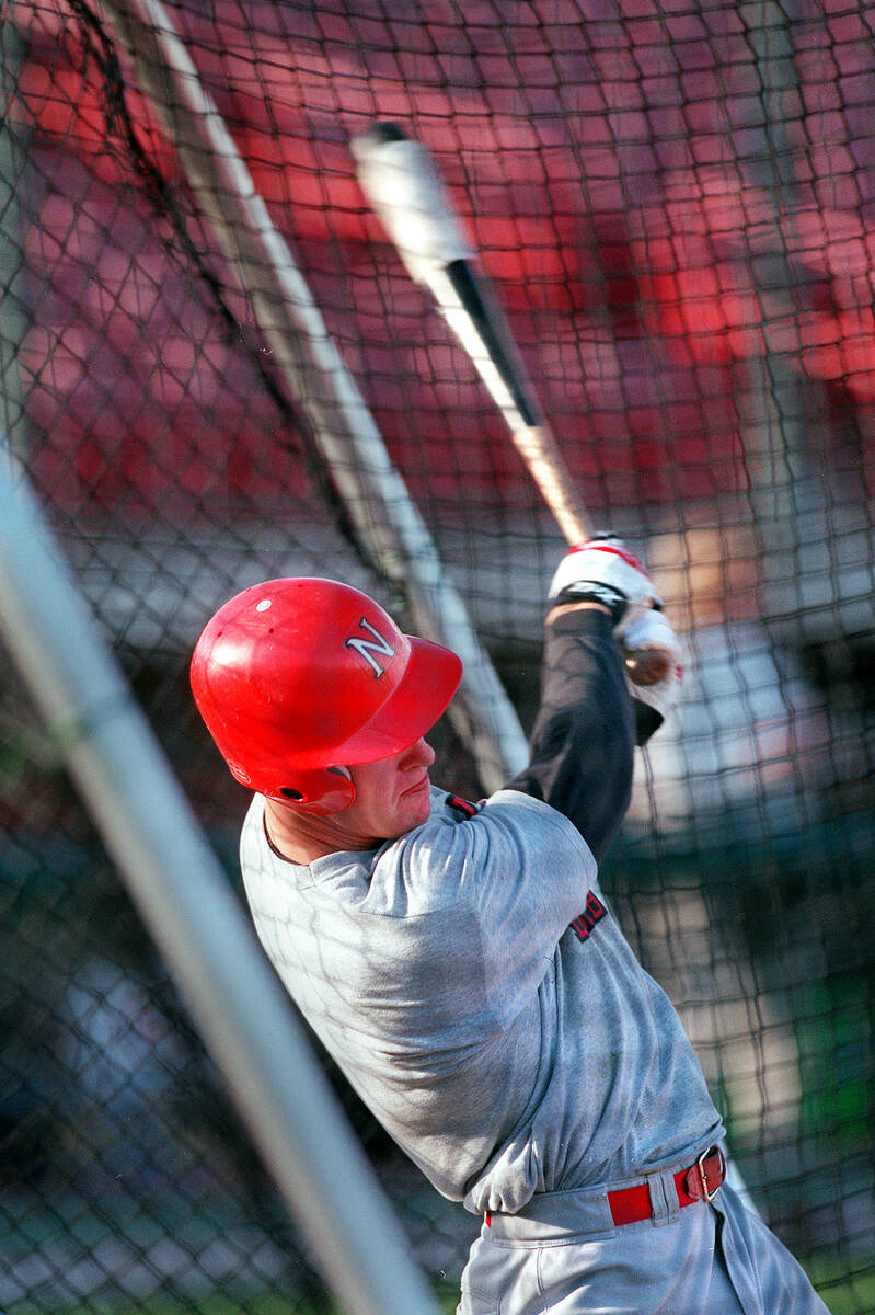 UNLV centerfielder Ryan Ludwick takes batting practice Monday afternoon during the team's first ...