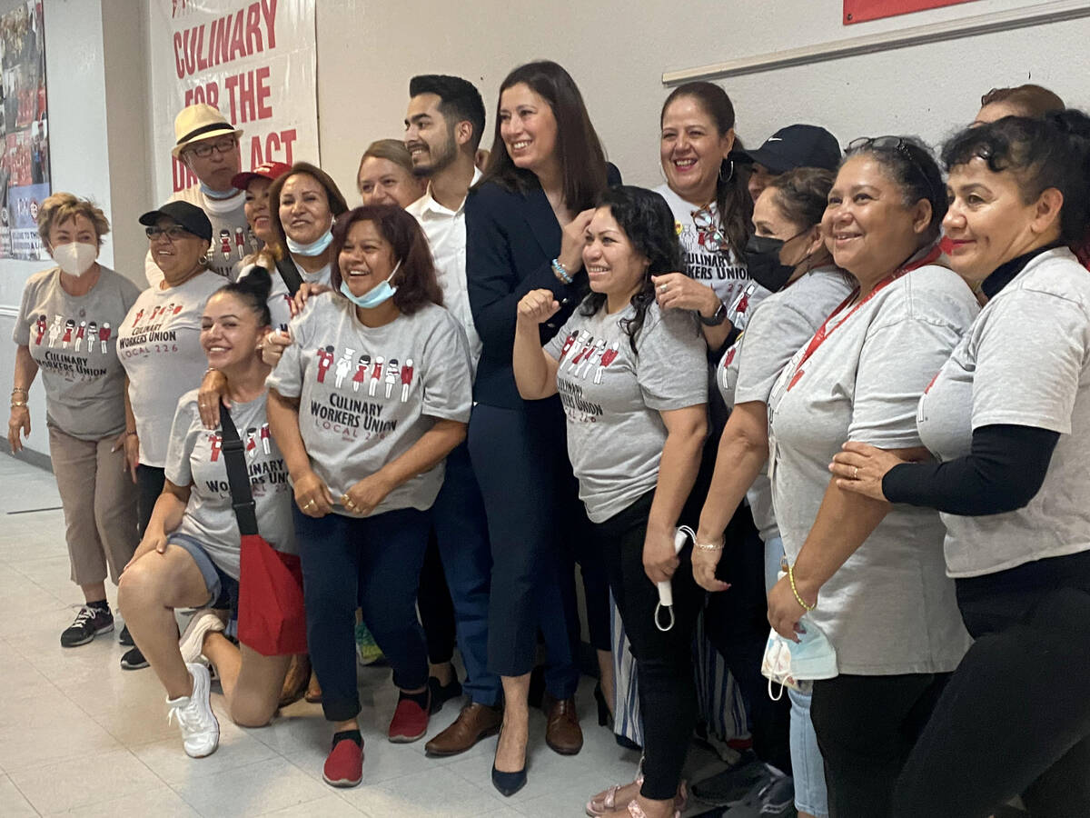 Nevada Lt. Gov. Lisa Cano Burkhead joins with Culinary Union members, Tuesday, June 14, 2022, i ...