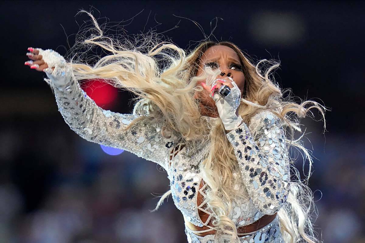Mary J. Blige performs during halftime of the NFL Super Bowl 56 football game between the Los A ...