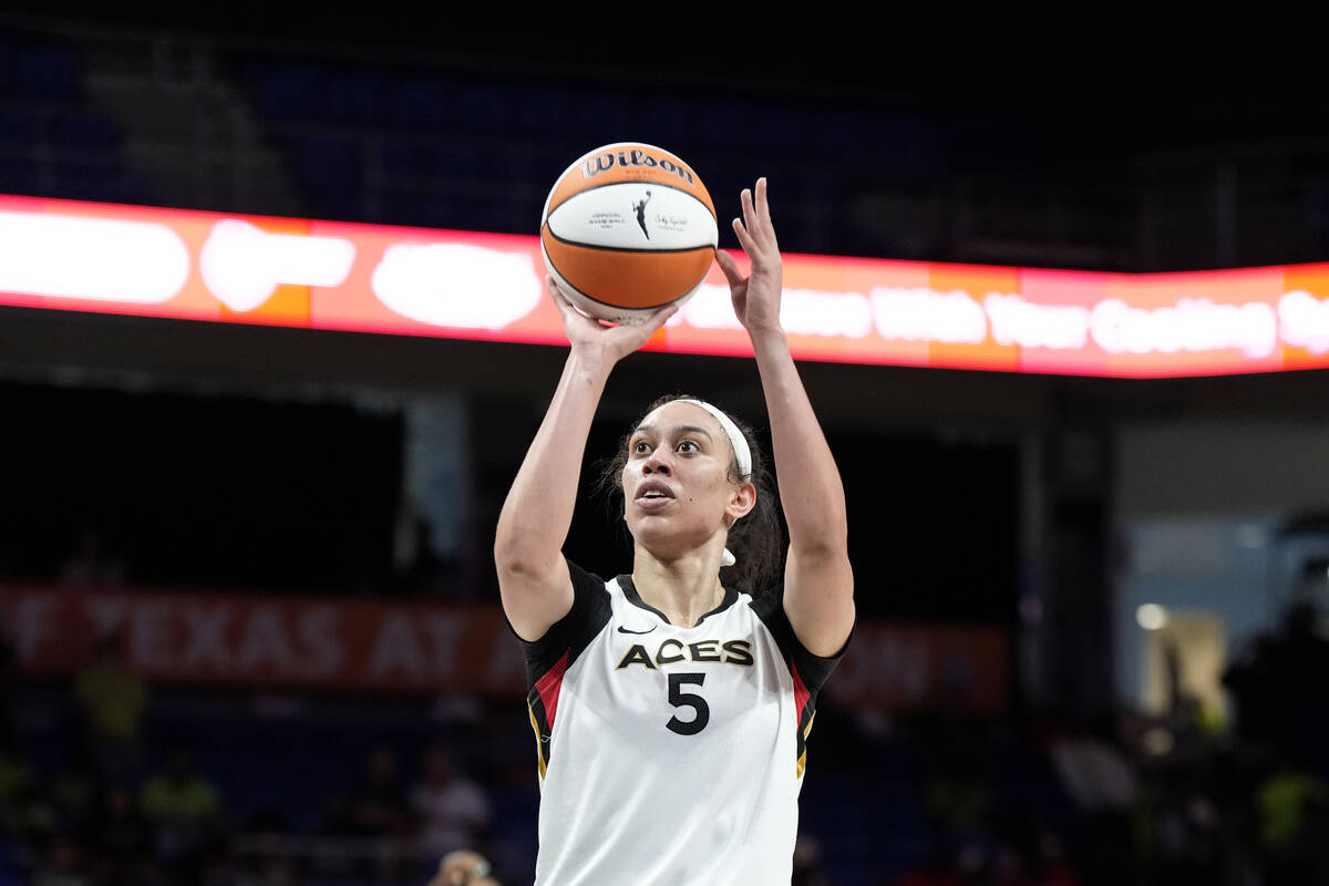 Dearica Hamby #5 of the Las Vegas Aces shoots a free throw during the game against the Dallas W ...