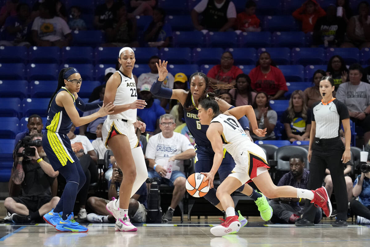 Kelsey Plum #10 of the Las Vegas Aces dribbles the ball during the game against the Dallas Wing ...