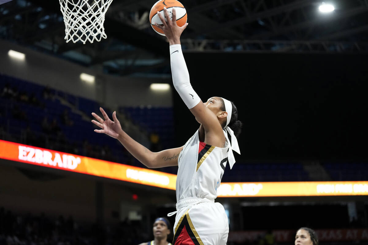 A'ja Wilson #22 of the Las Vegas Aces shoots the ball during the game against the Dallas Wings ...