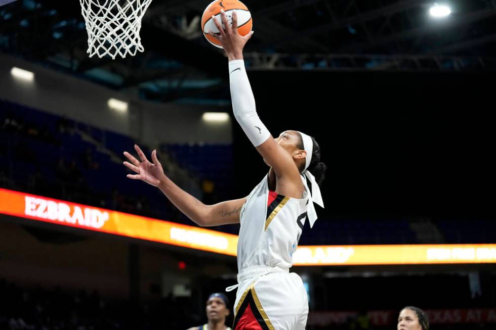 A'ja Wilson #22 of the Las Vegas Aces shoots the ball during the game against the Dallas Wings ...