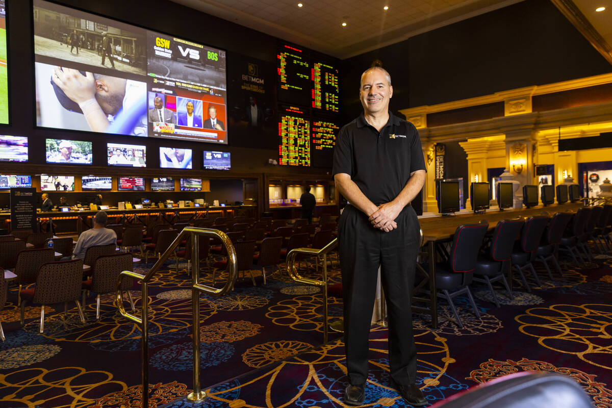 Retired MGM Resorts director of trading Jeff Stoneback poses for a portrait at the Mandalay Bay ...