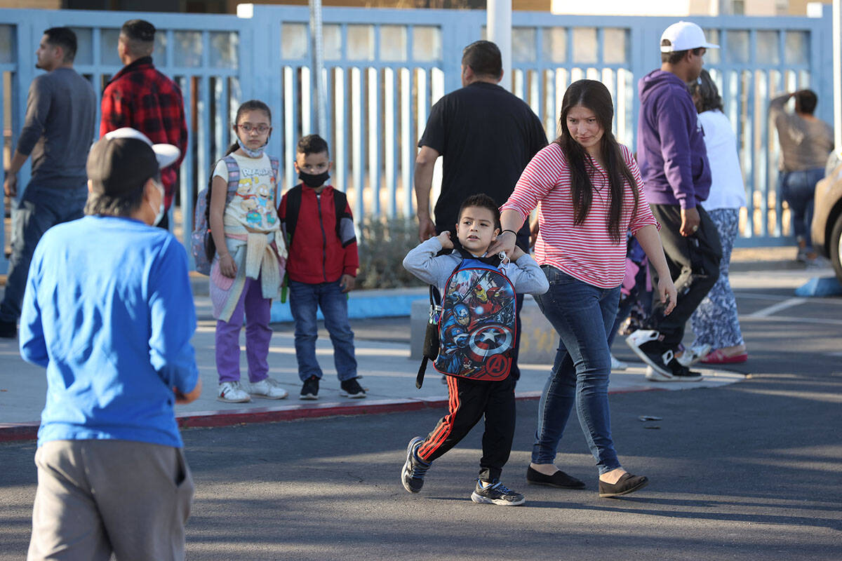 Parents and students at dismissal at Beckley Elementary School in Las Vegas Friday, Feb. 11, 20 ...