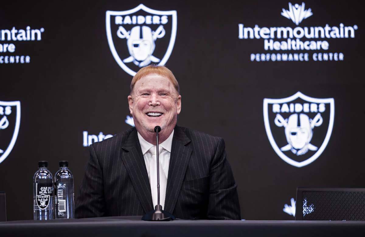 Raiders owner Mark Davis speaks during a press conference on Monday, Jan. 31, 2022, at Raiders ...