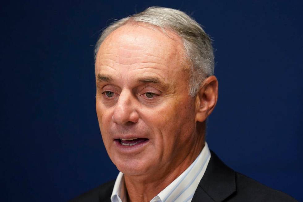 Major League Baseball Commissioner Rob Manfred speaks to reporters following an owners' meeting ...