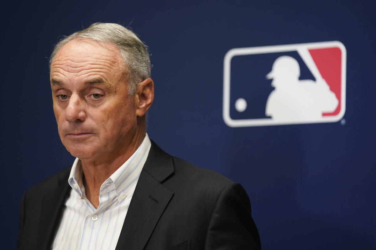 Major League Baseball Commissioner Rob Manfred speaks to reporters following an owners' meeting ...