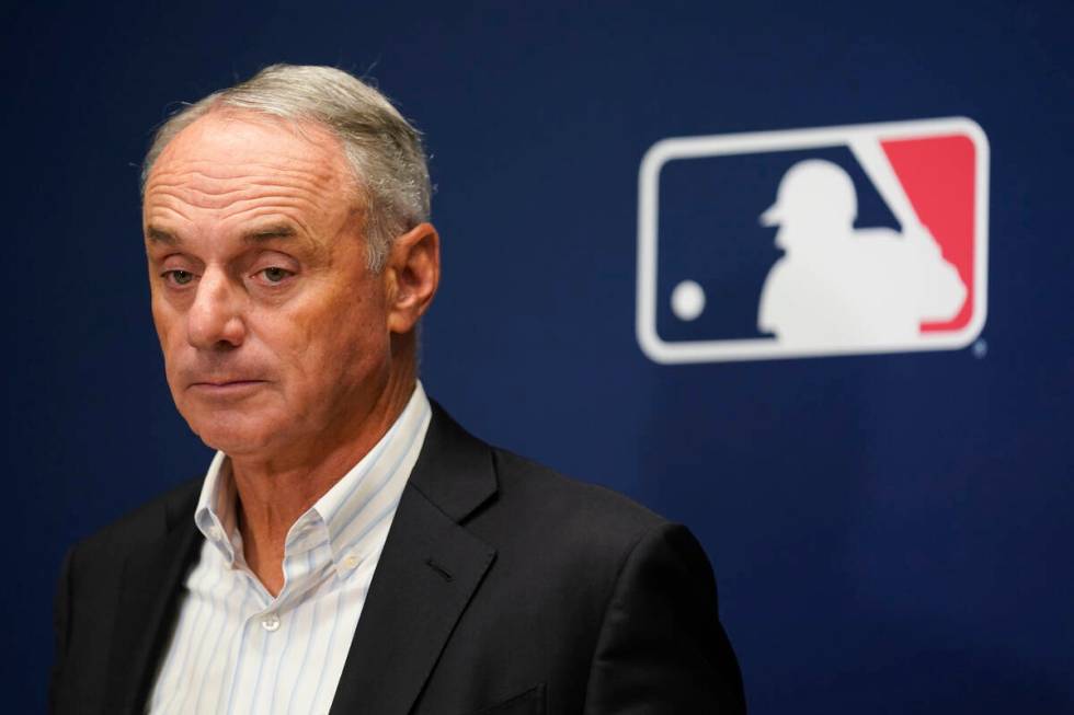 Major League Baseball Commissioner Rob Manfred speaks to reporters following an owners' meeting ...