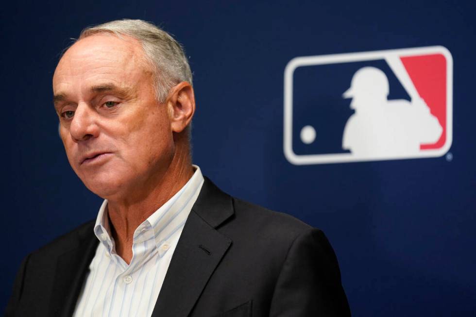 Major League Baseball Commissioner Rob Manfred speaks to reporters following an owners' meeting ...