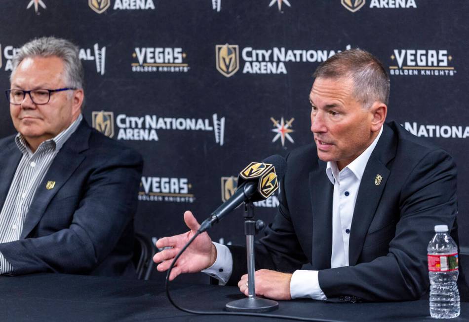 New Golden Knights head coach Bruce Cassidy, right, speaks at a press conference beside general ...