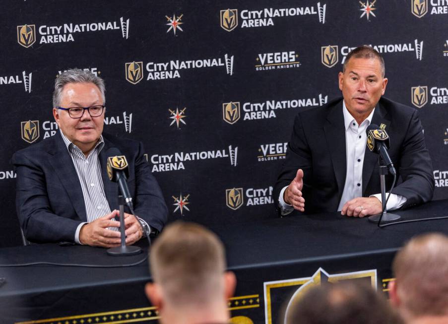 New Golden Knights head coach Bruce Cassidy, right, speaks at a press conference beside general ...