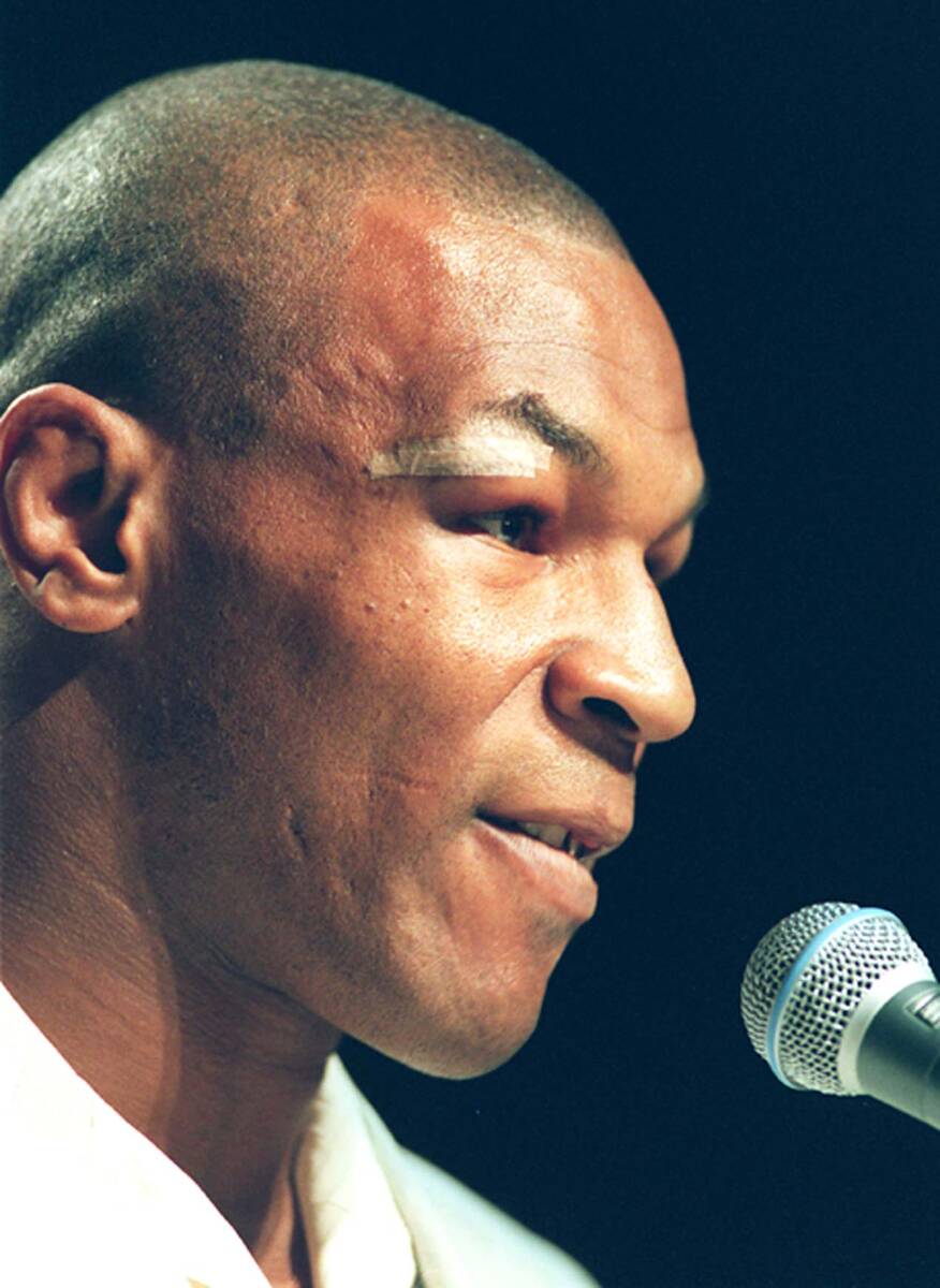 Mike Tyson apologizes during a press conference at the MGM in Las Vegas the afternoon after his ...