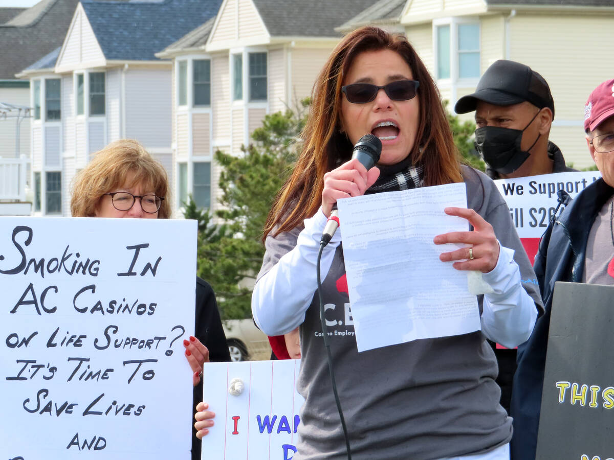 Nicole Vitola, a dealer at the Borgata casino, speaks at a rally in Atlantic City, N.J., on Apr ...