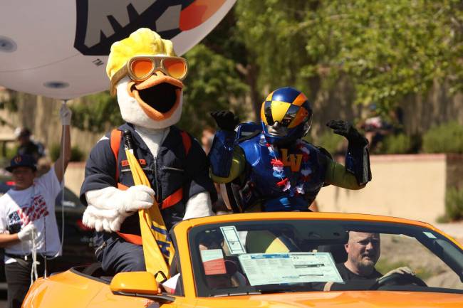 Las Vegas Aviators mascots wave at spectators during the 2019 Summerlin Council Patriotic Parad ...
