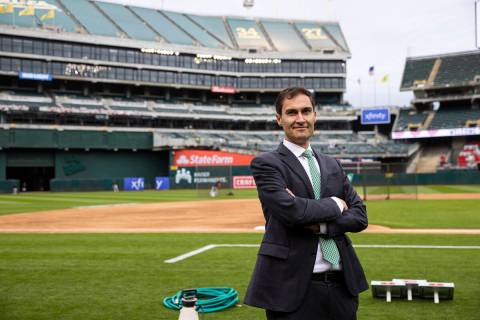 Oakland Athletics President Dave Kaval poses for a picture before the opening night game agains ...