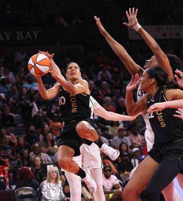 Las Vegas Aces guard Kelsey Plum (10) lays up the ball against the Minnesota Lynx during the se ...