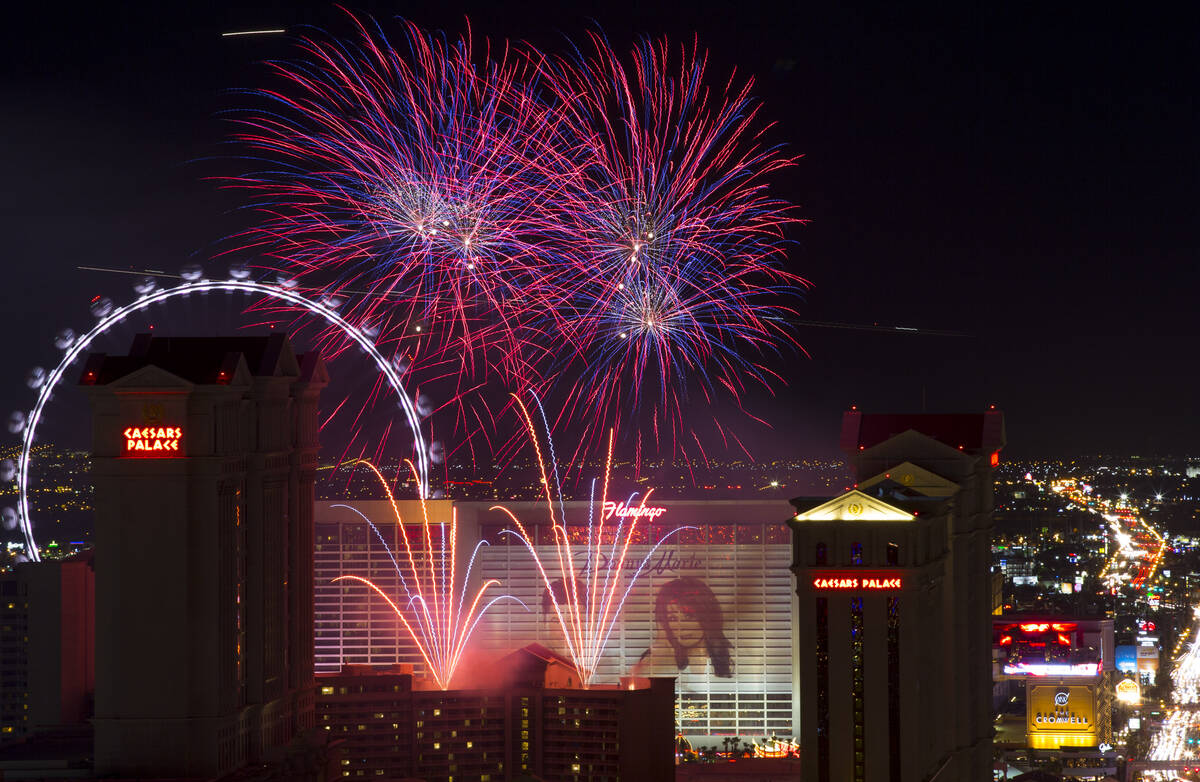A fireworks show goes off at Caesars Palace on The Strip to kick off a week-long of Fourth of J ...