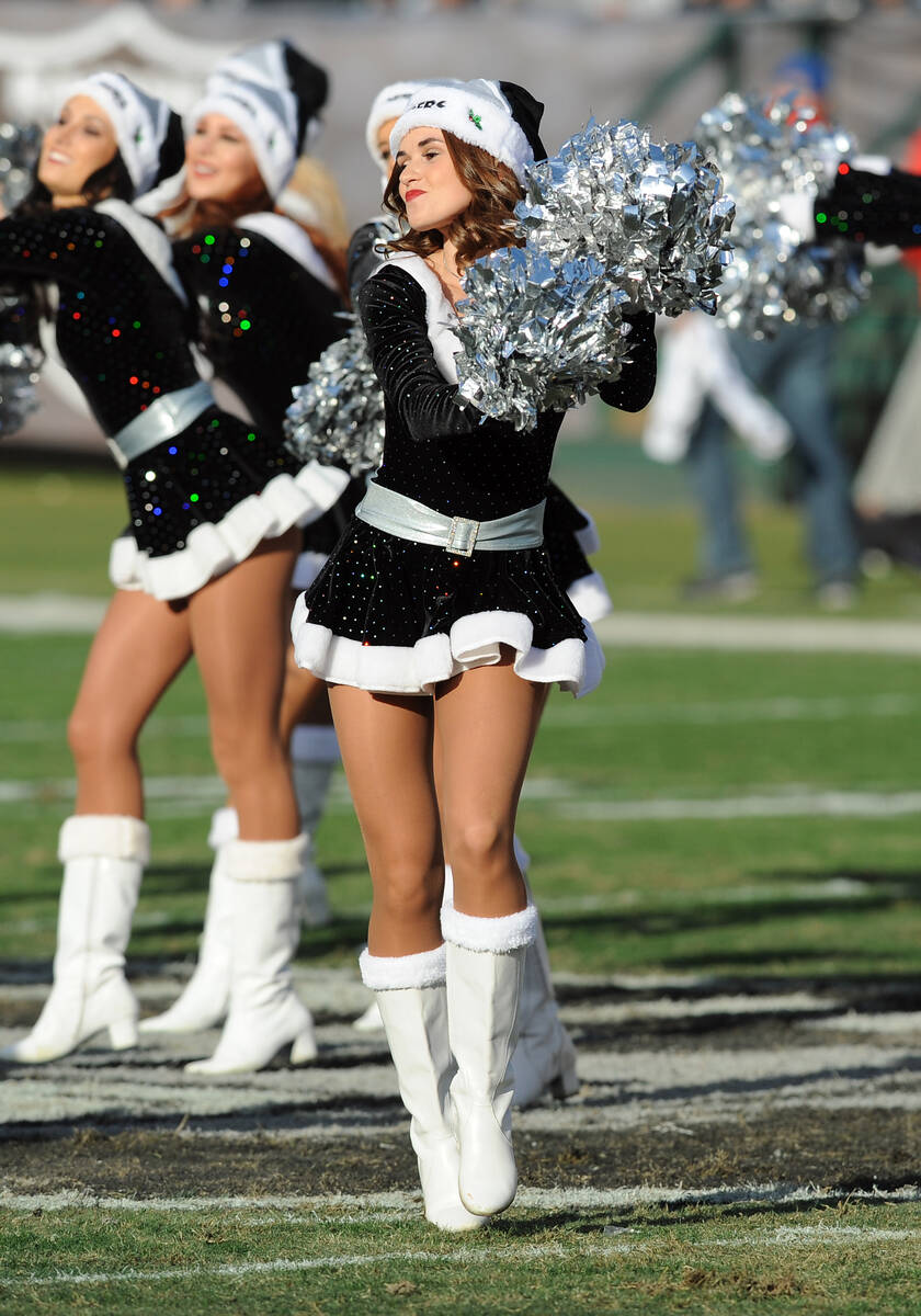 Raiders cheerleader Lacy Fields performs during a game against the Kansas City Chiefs on Sunday ...