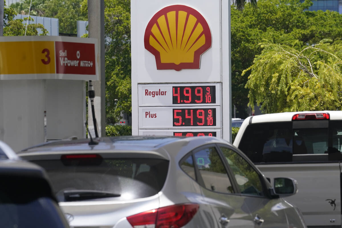 Cars line up at a Shell gas station June 17, 2022, in Miami. President Joe Biden on June 22 wil ...