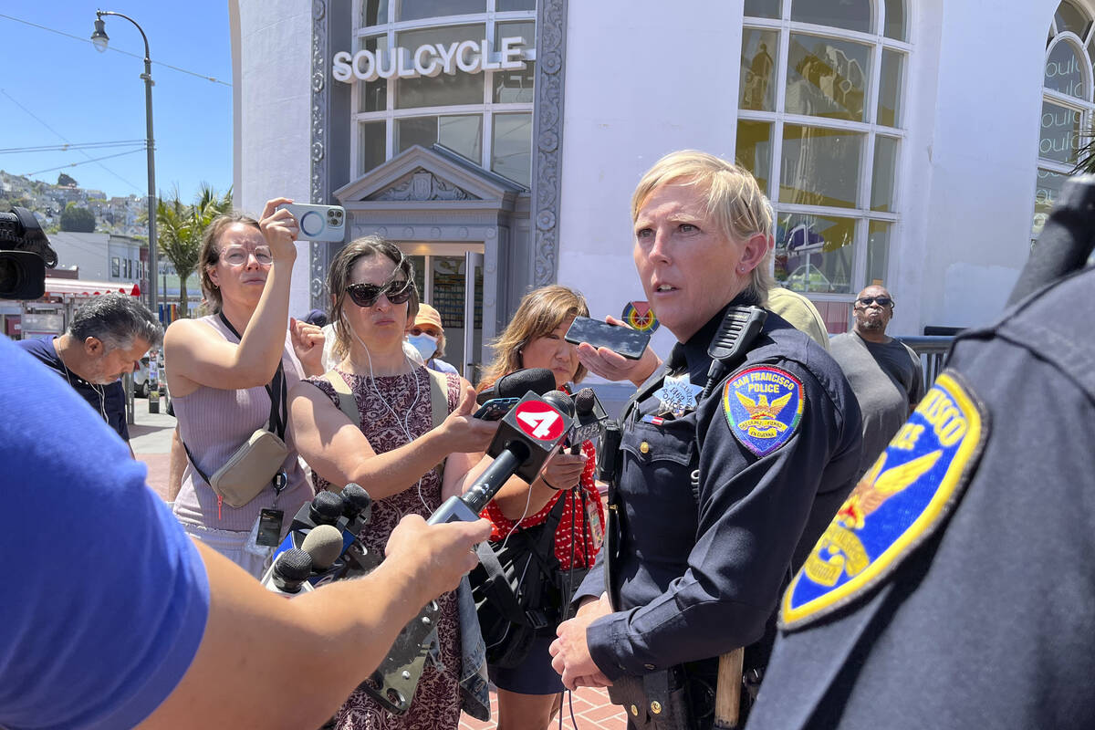 San Francisco Police Officer spokesperson Kathryn Winters speaks with reporters outside the ent ...
