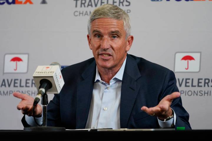 PGA Tour Commissioner Jay Monahan speaks during a news conference before the start of the Trave ...