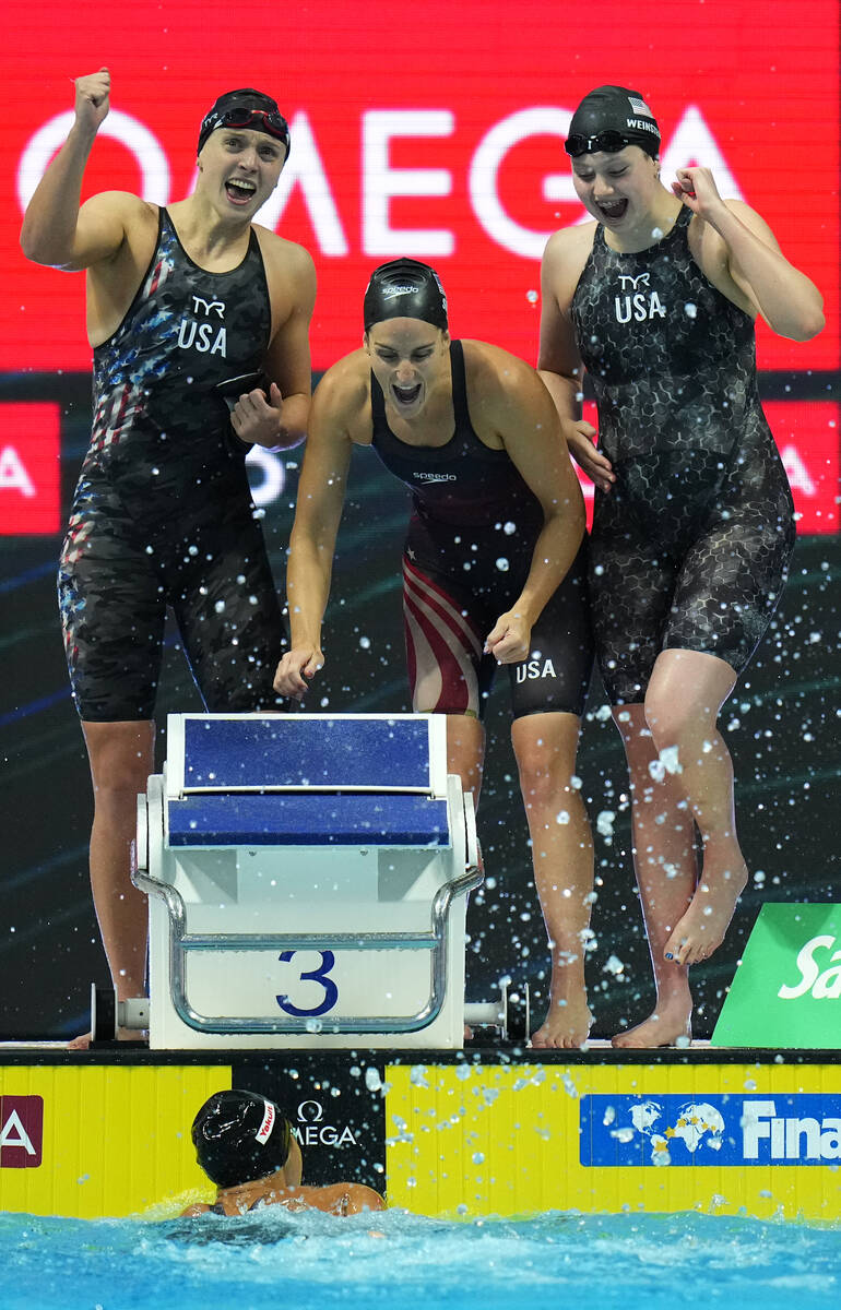 The United States, which includes Las Vegans Bella Sims and Claire Weinstein, celebrate after w ...