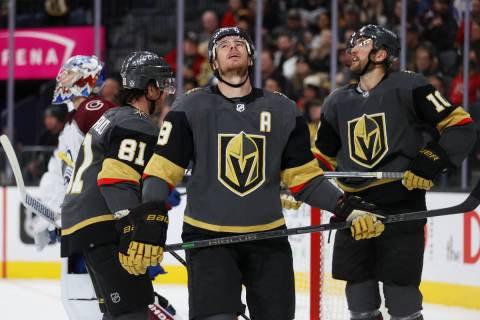 Vegas Golden Knights right wing Reilly Smith (19) reacts after missing a goal opportunity again ...