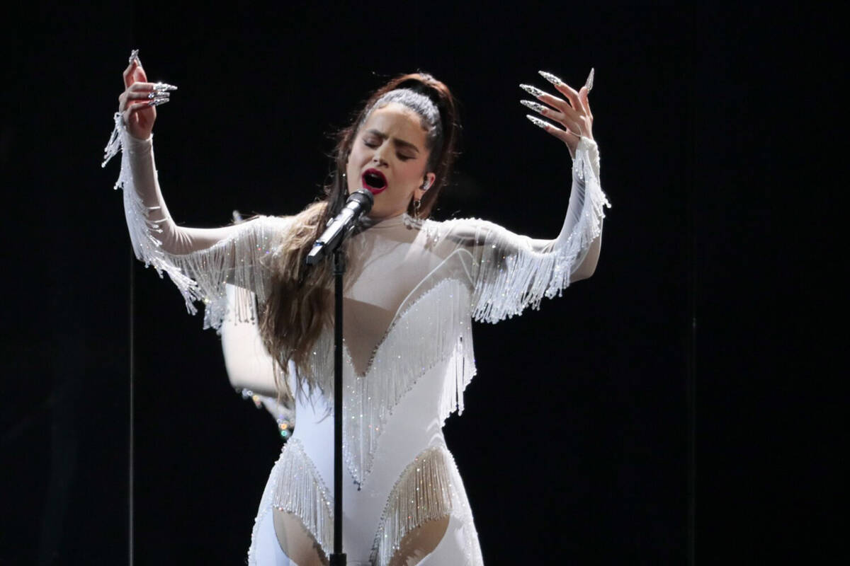 Rosalía performs on stage at the 62nd Grammy Awards at Staples Center on Jan. 26, 2020, in ...