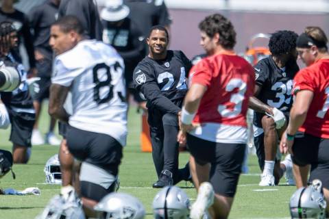 Raiders safety Johnathan Abram (24) stretches during the team’s mandatory minicamp on We ...