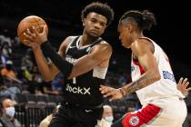 Ignite's Jaden Hardy (1) protects the ball from Agua Caliente Clippers Brandon Boston Jr. durin ...